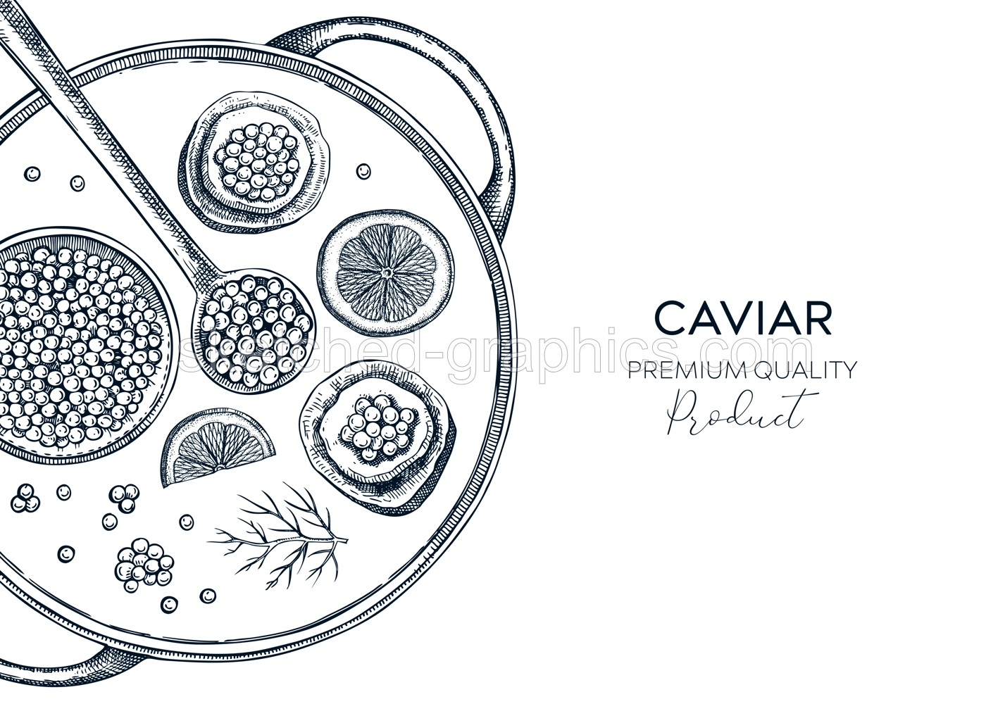 Hand drawn seafood platter in engraved style. Canned caviar, red caviar canape, lemons - hand drawn food sketches for restaurant menu or finger food party. Sea delicacy vector background design Illustration